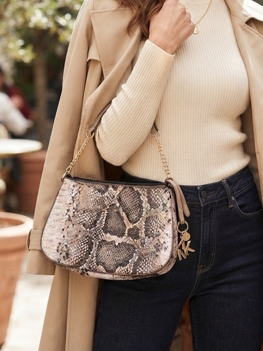 Anne Klein Pink Snake-Print Shoulder Bag with Gold Chain